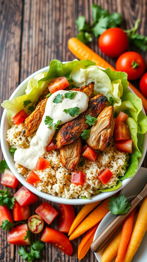 A delicious chicken shawarma bowl with spiced chicken, rice, vegetables, and tahini sauce on a rustic table.